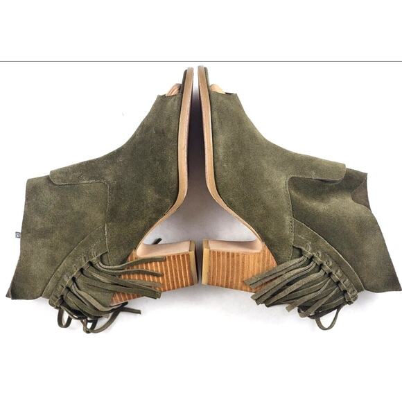 Marc Fisher Suede Fringe Open Toe Booties Women’s 9.5M Army Green Block Heel - Picture 4 of 14